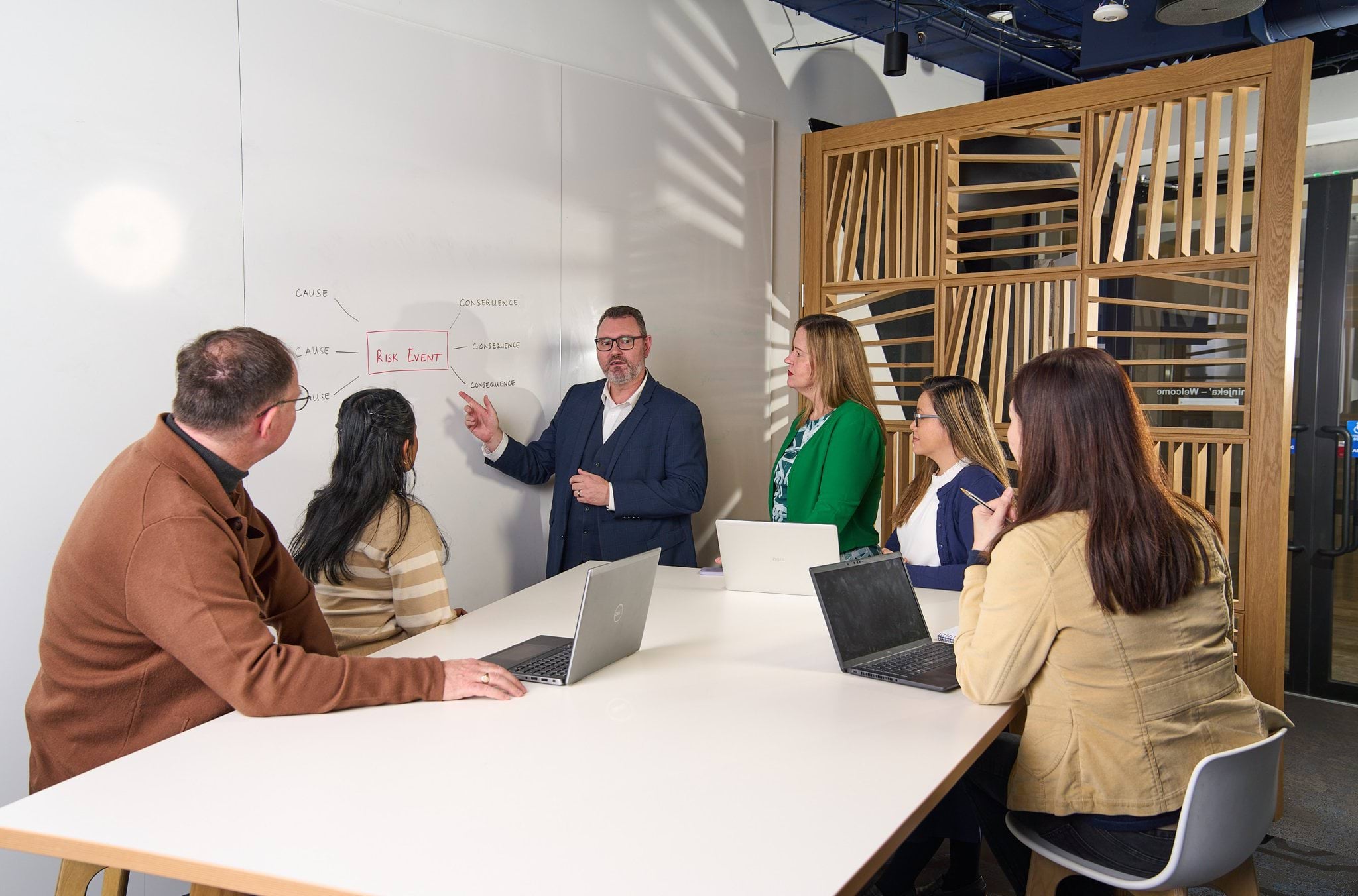 Educator standing at a whiteboard giving a risk workshop